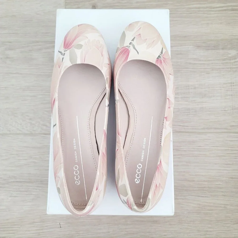 Ecco Anine Pink Beige Floral Ballet Ballerina Flats Slip On Leather Shoes 6 37_5